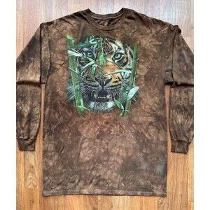 The Mountain Hungry Eyes Long Sleeve T Shirt Mens 2XL Brown Tiger Tie Dye  EUC